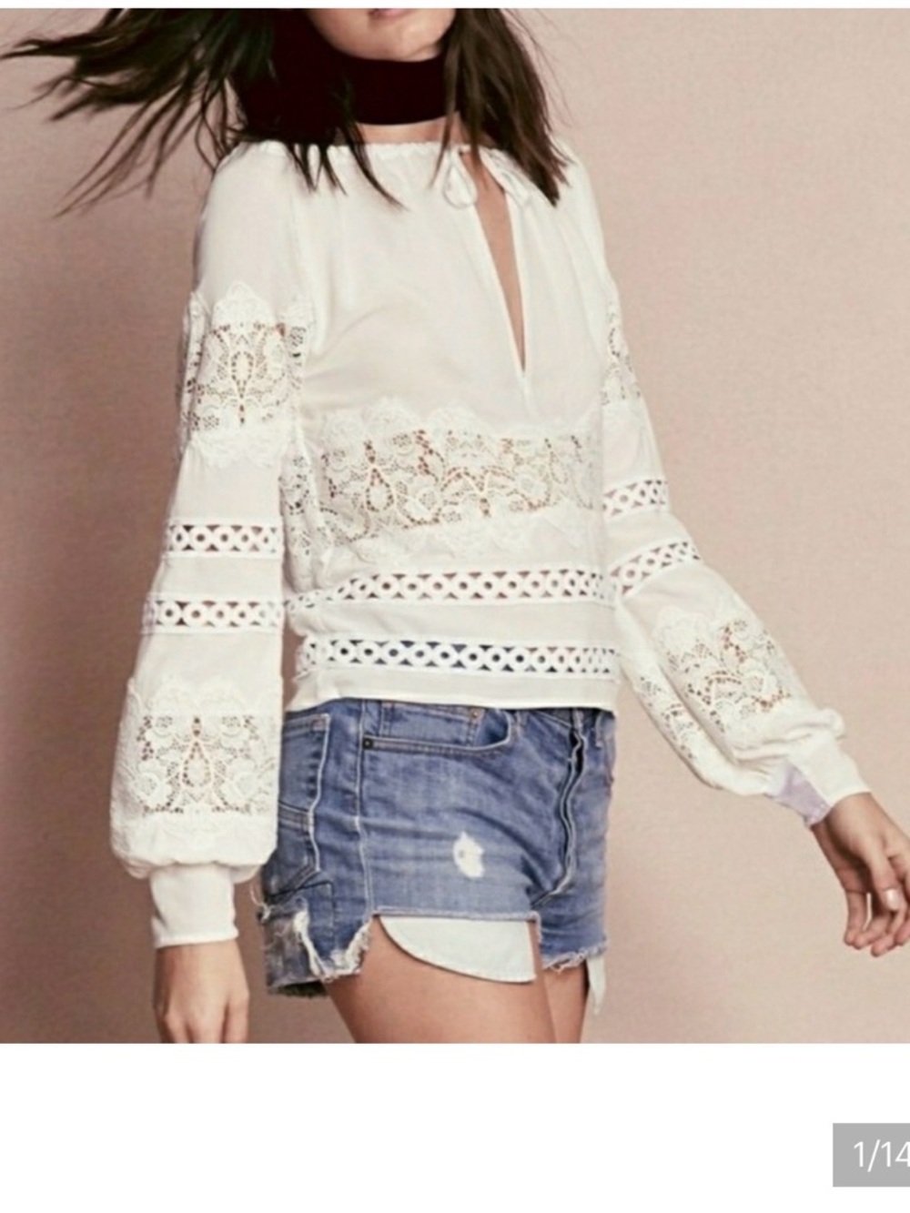 For Love & Lemons Cream Lace-Inset Balloon Sleeve Blouse